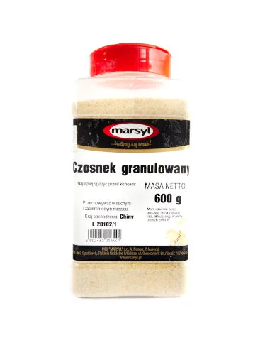 Czosnek granulowy 600 gram w plastikowym słoiku. Producent Marsyl